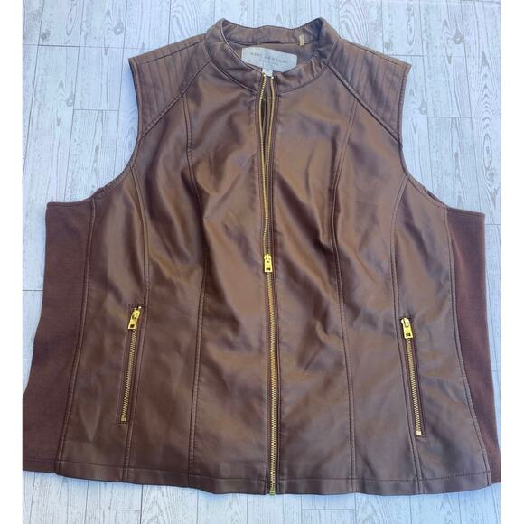 Marc New York Andrew Marc Men’s 2X Brown Faux Leather Zip Vest Gold Zippers - Picture 1 of 7